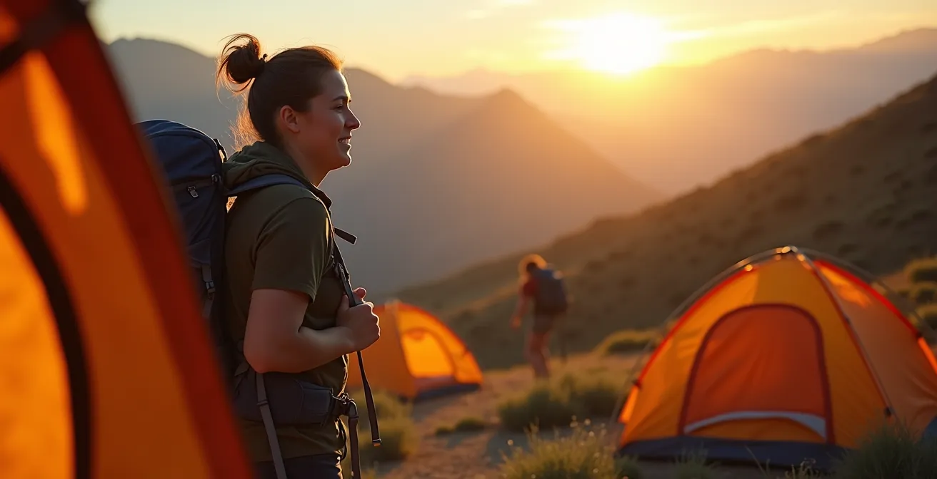 Escursionista che parte all'alba dal campeggio con le prime luci dorate sui sentieri montani