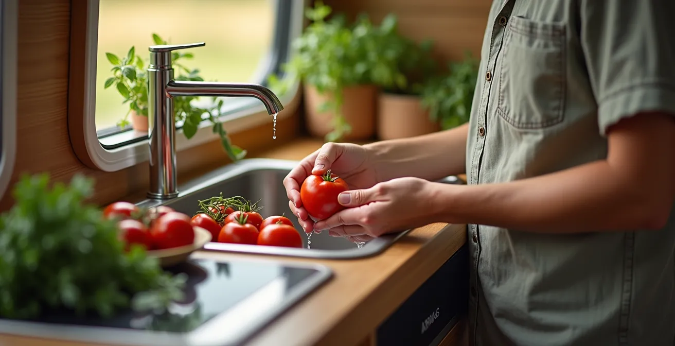 Angolo cottura compatto con frigorifero e lavello in modulo bagno camping