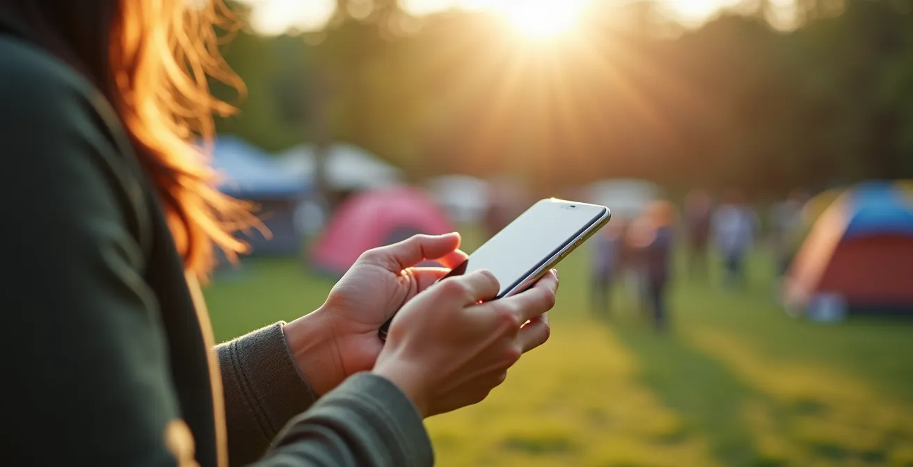 Primo piano di mani che utilizzano smartphone per prenotare servizi in camping con sfondo sfocato di area relax