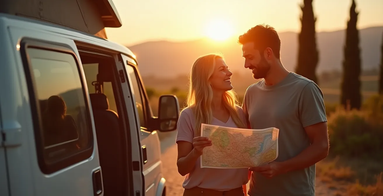 Area sosta camper italiana con vista panoramica su colline toscane al tramonto