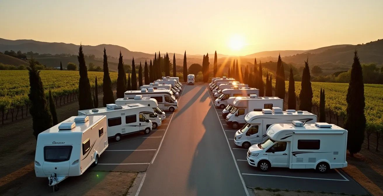 Vista aerea di un'area di sosta con camper parcheggiati ordinatamente, circondata da vigneti italiani al tramonto