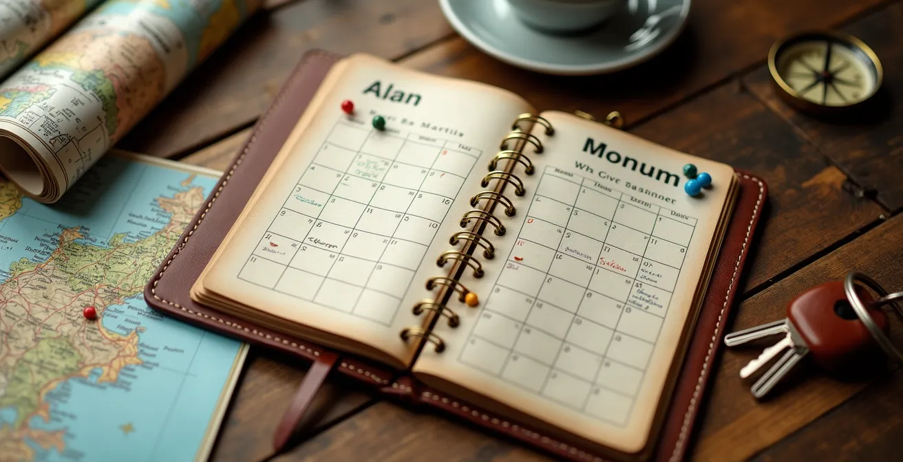 Agenda aperta su tavolo rustico con mappe e chiavi del camper