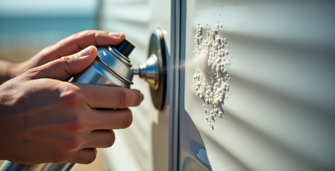 Dettaglio ravvicinato di mani che applicano prodotto protettivo su cerniera di camper