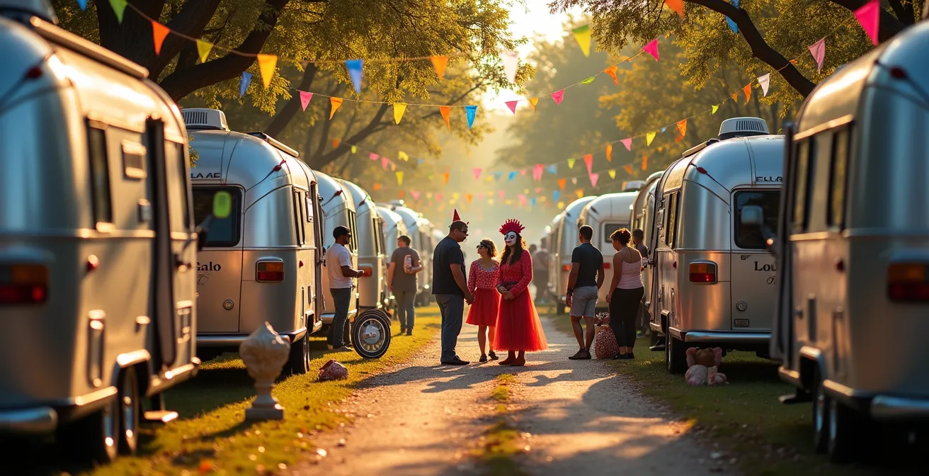 Area sosta camper decorata con festoni colorati durante il carnevale