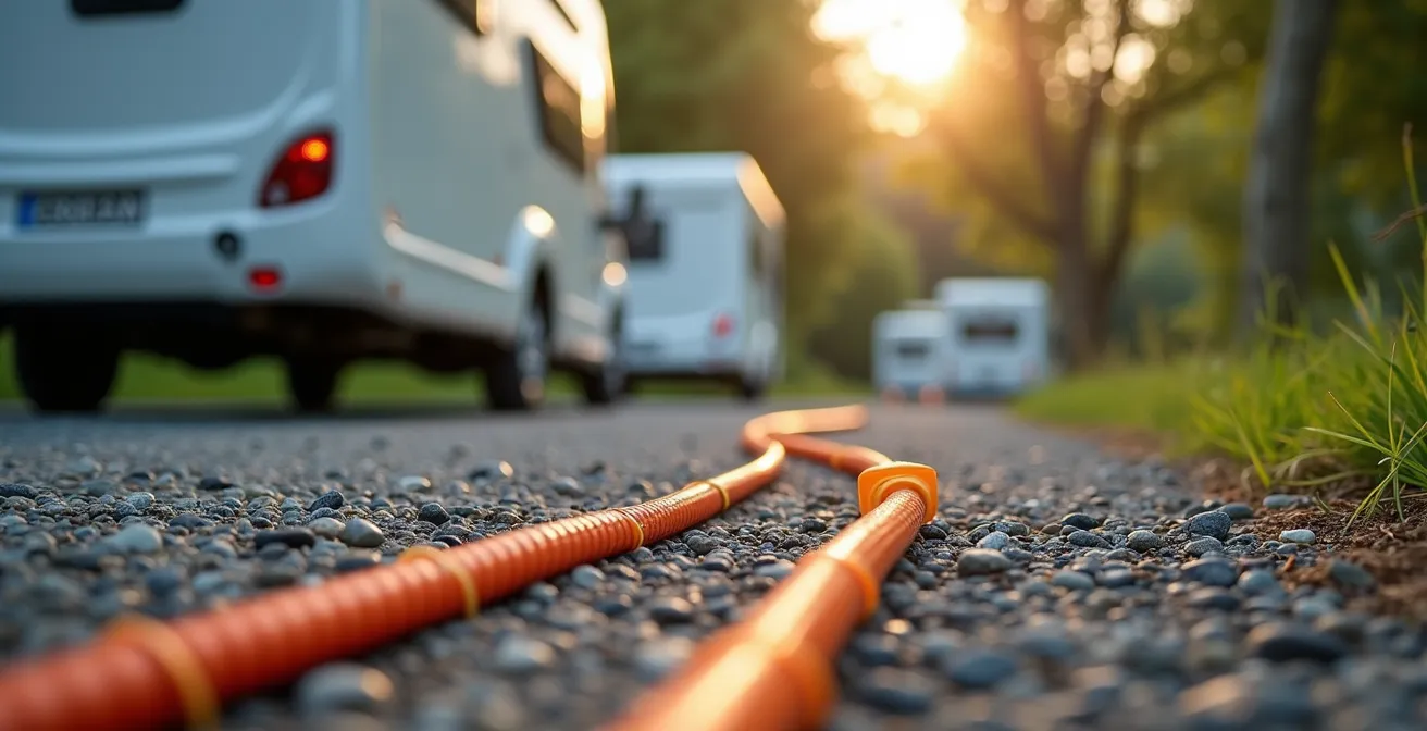 Cavi elettrici per campeggio posati correttamente con protezioni in area camping
