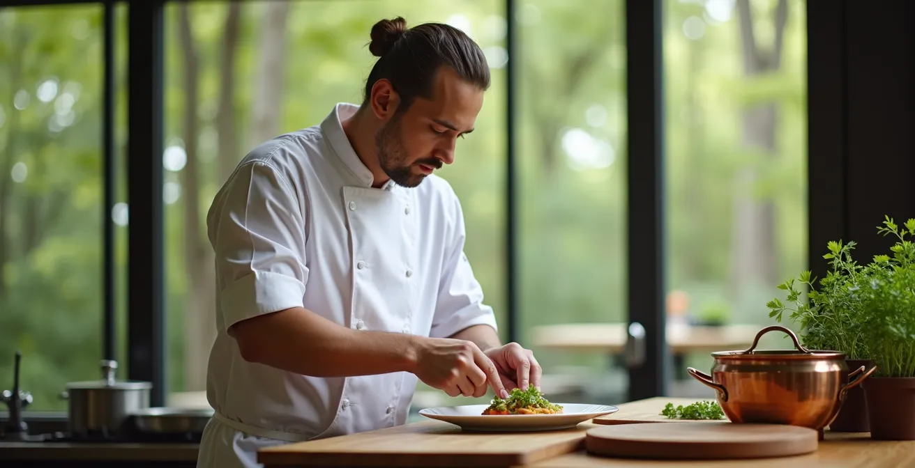 Chef professionista al lavoro in una cucina all'aperto con vista sulla natura