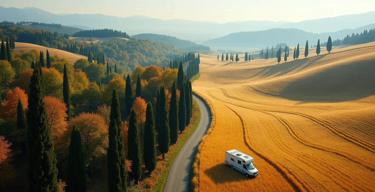 Vista panoramica divisa tra le colline boscose del Chianti e i campi aperti della Val d'Orcia