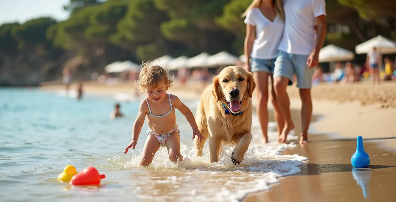 Famiglia con bambino e golden retriever che giocano sulla spiaggia di sabbia dorata