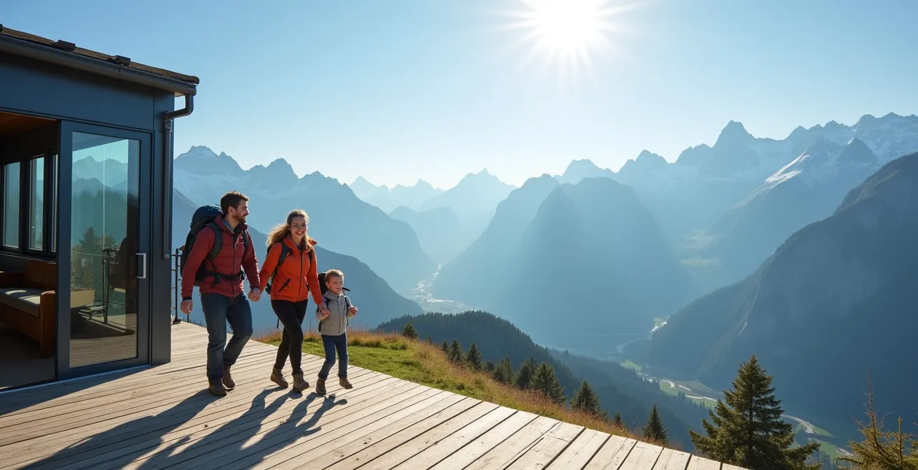Cabinovia che sale verso vetta dolomitica con escursionisti e panorama mozzafiato