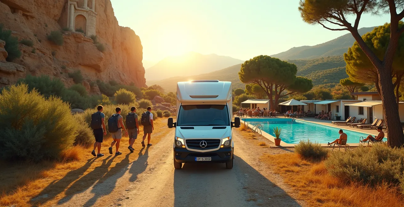 Contrasto tra mattina archeologica e pomeriggio in piscina visto dal campeggio