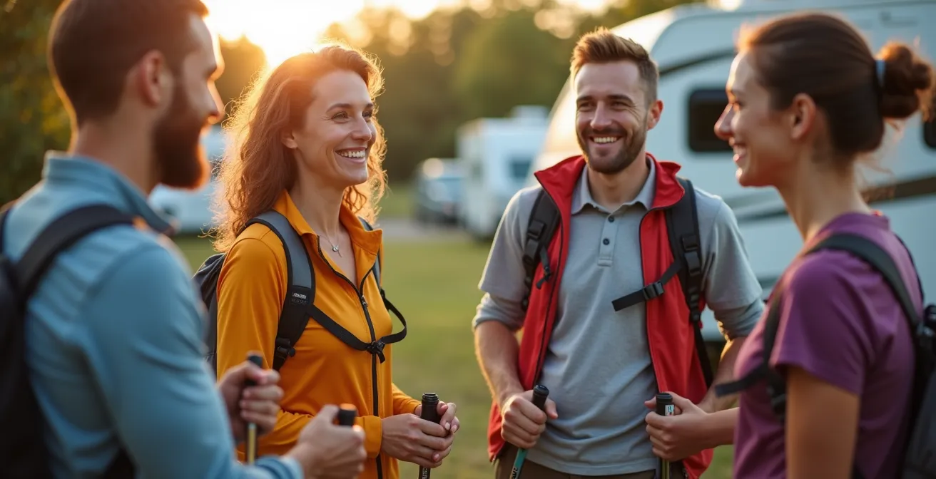 Gruppo di camminatori nordici che si prepara davanti ai camper all'alba