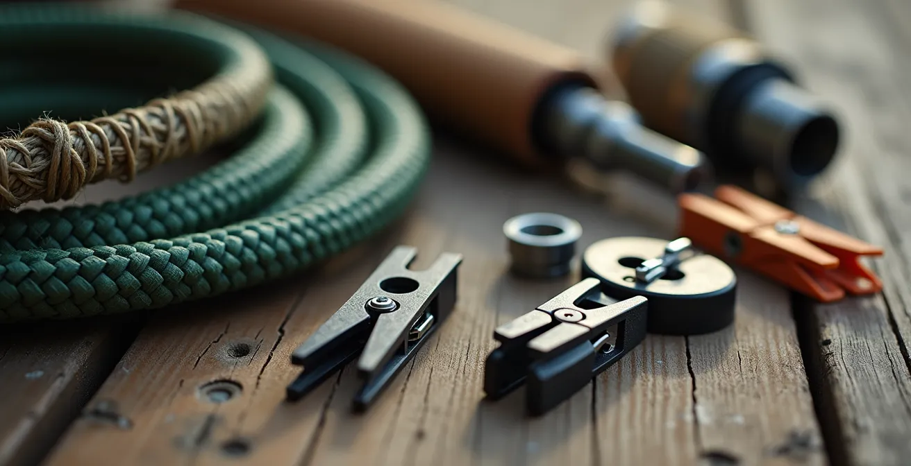 Accessori da campeggio essenziali disposti su tavolo in legno per allestimento camper