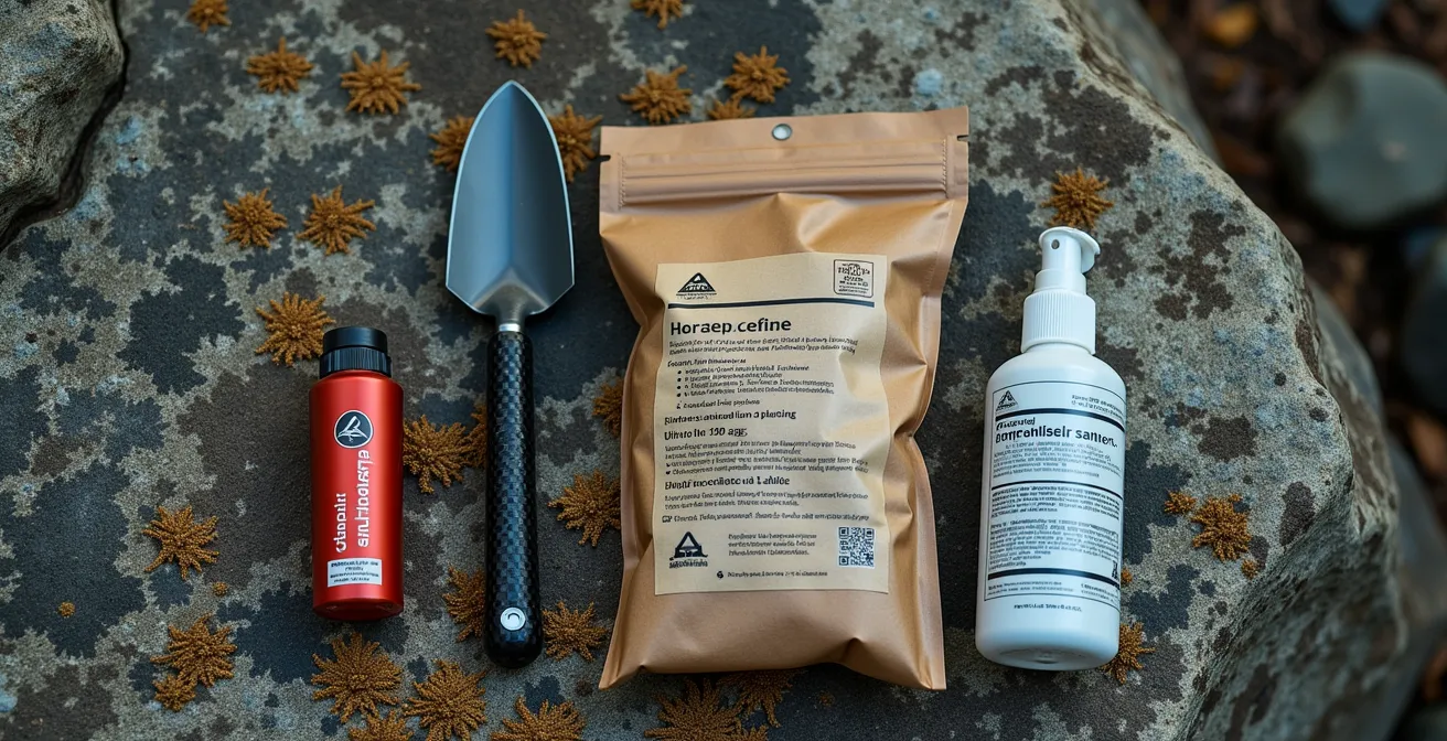 Kit essenziale per escursionismo sostenibile con attrezzatura Leave No Trace