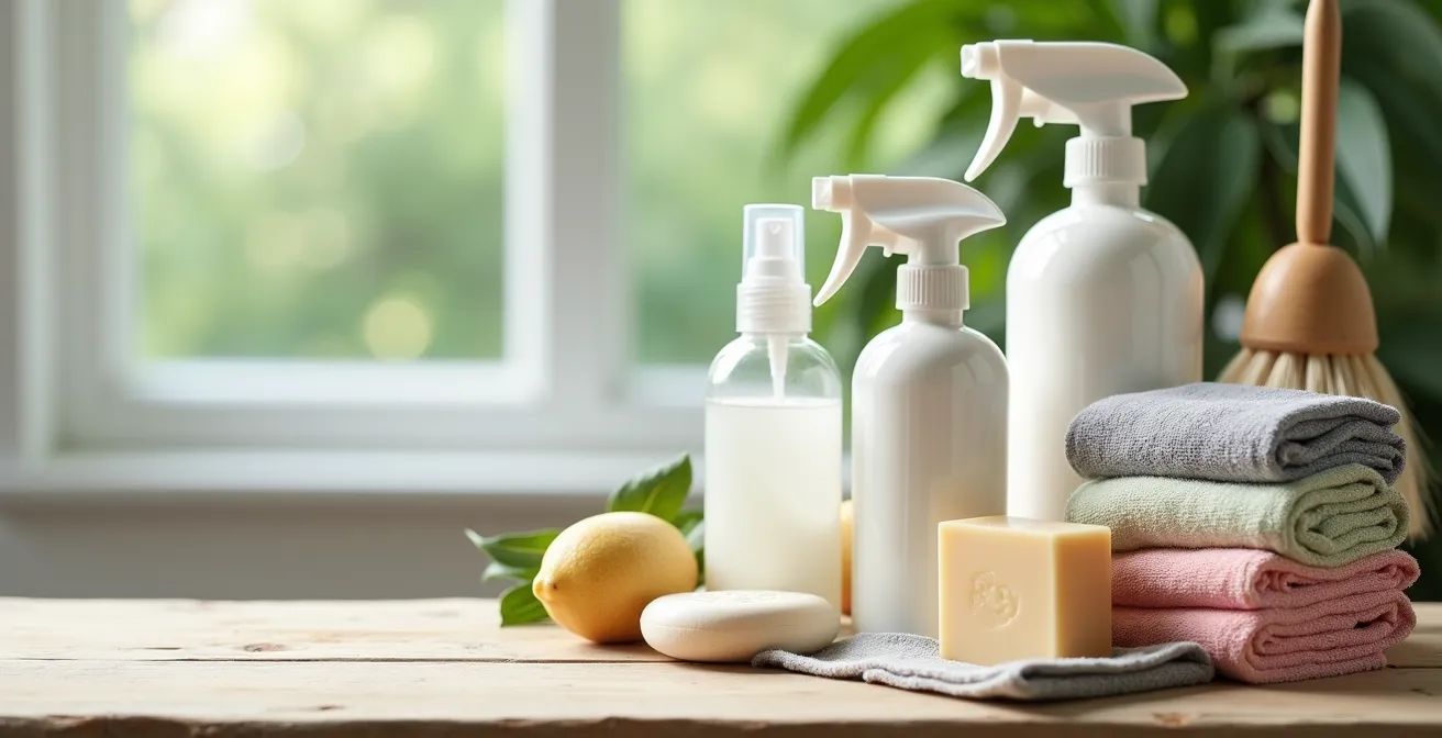 Kit di prodotti igienici e di pulizia organizzati su ripiano in legno naturale