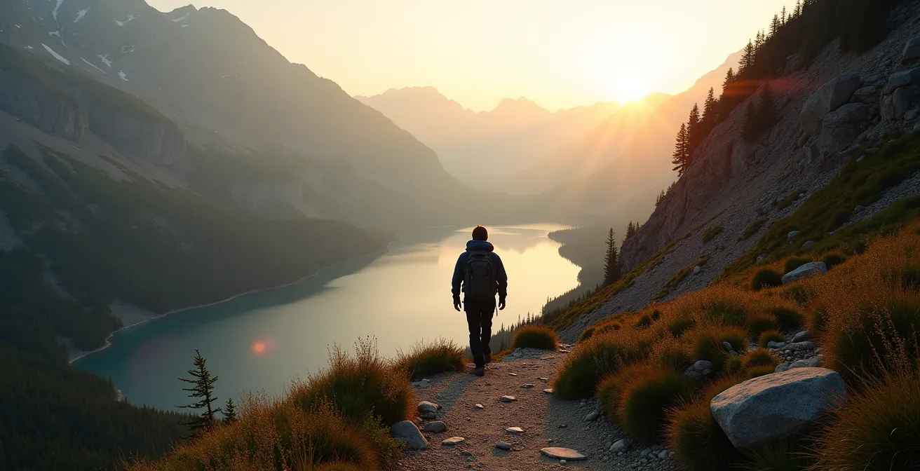 Sentiero laterale nascosto con vista su lago alpino all'alba