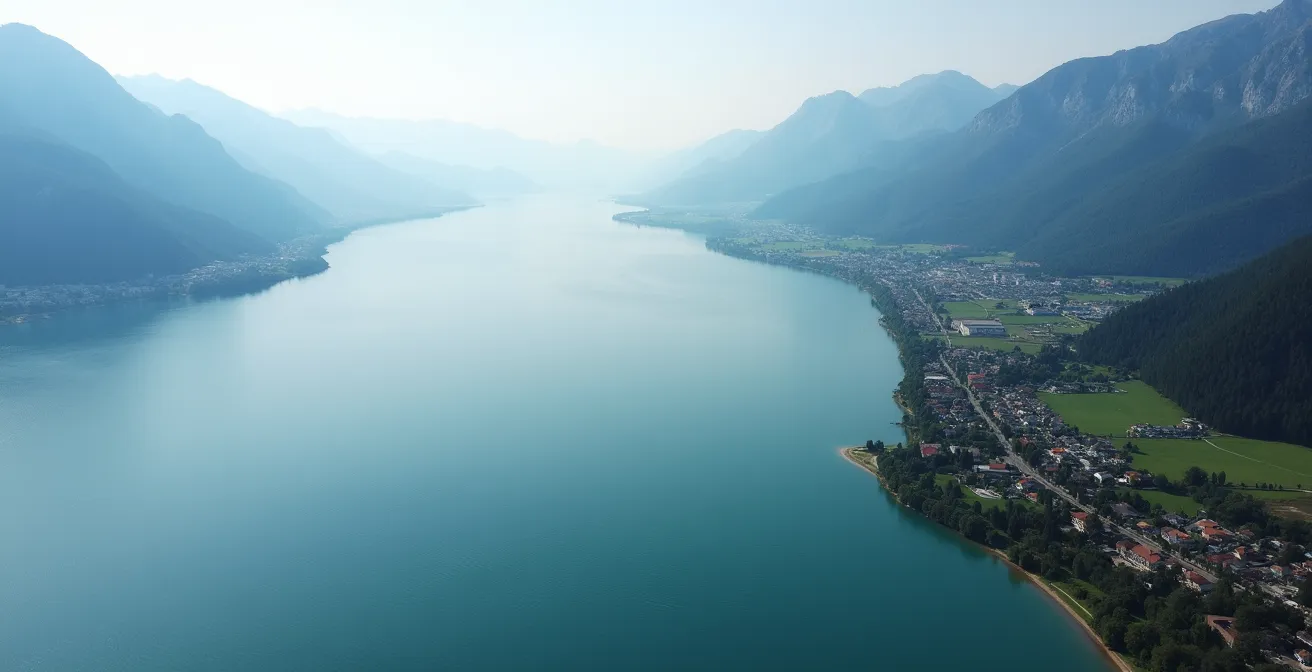 Vista aerea del Lago di Garda con campeggi lungo le sponde e montagne circostanti