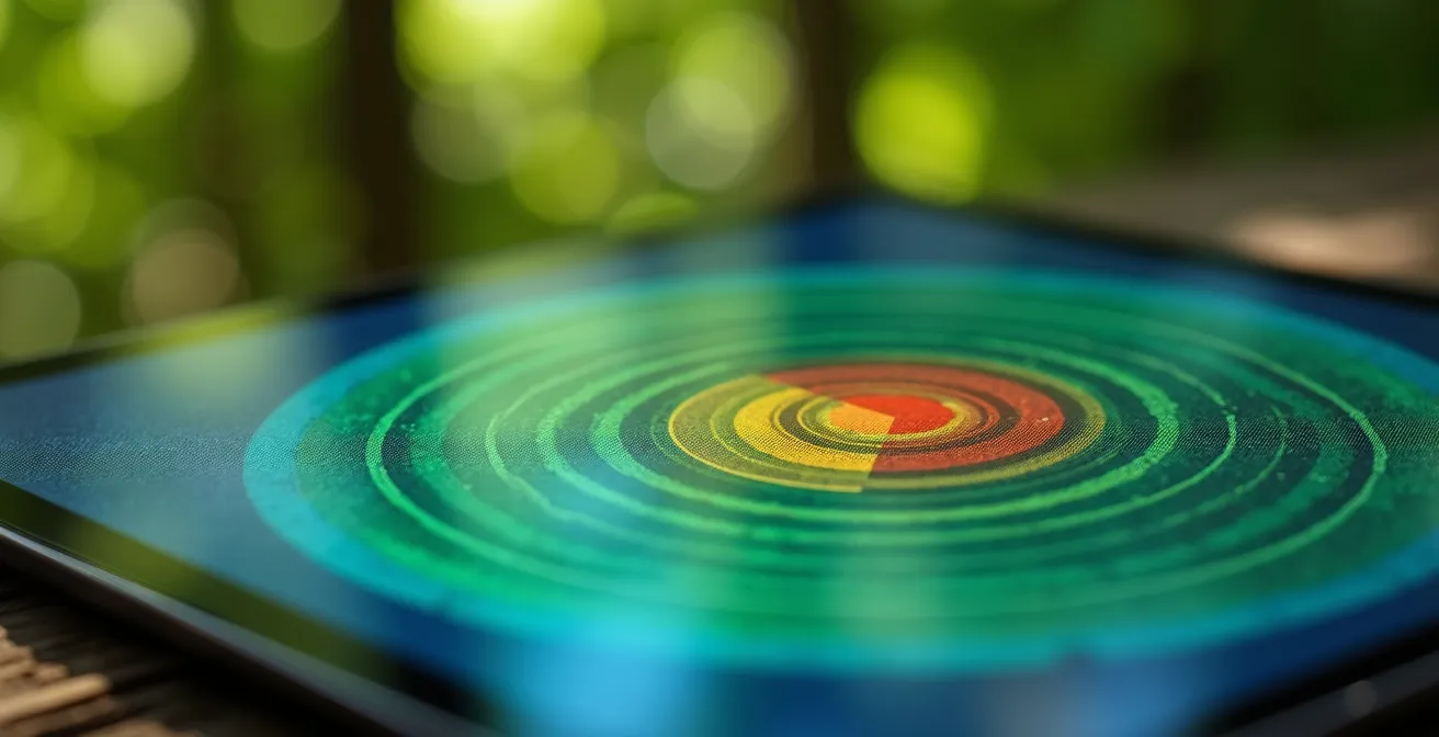 Vista macro di una mappa digitale su tablet che mostra zone di copertura WiFi in un camping