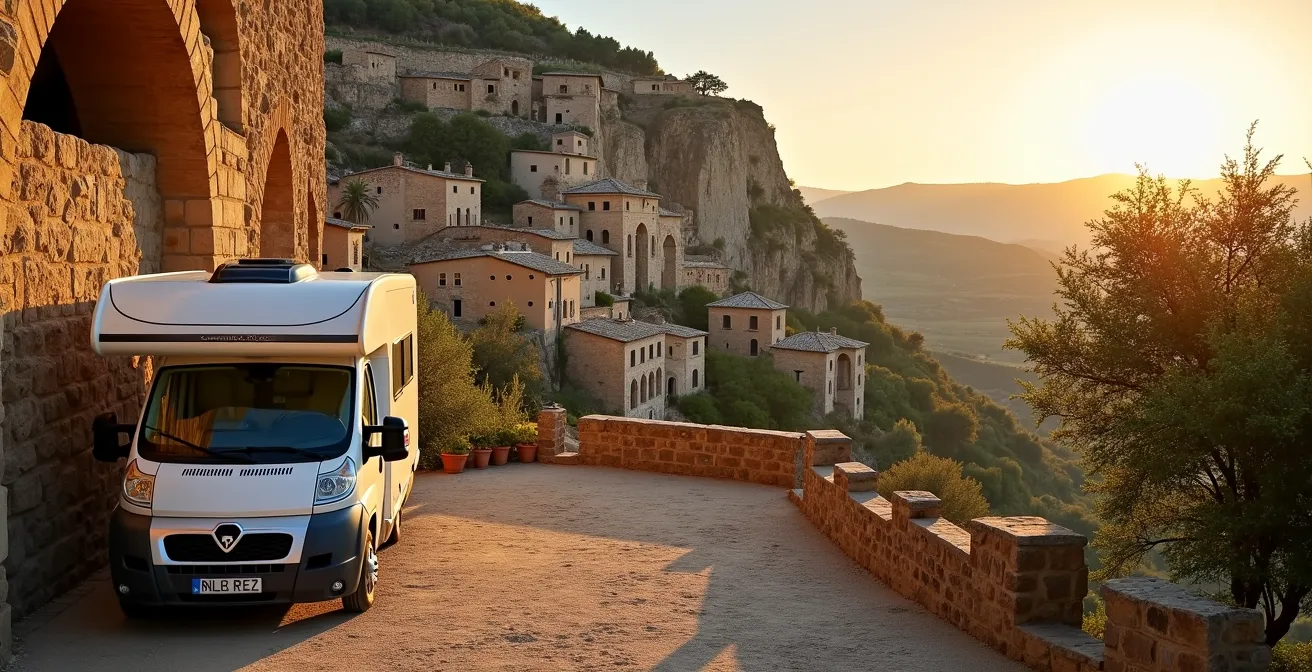 Vista panoramica dei Sassi di Matera con area sosta camper in primo piano
