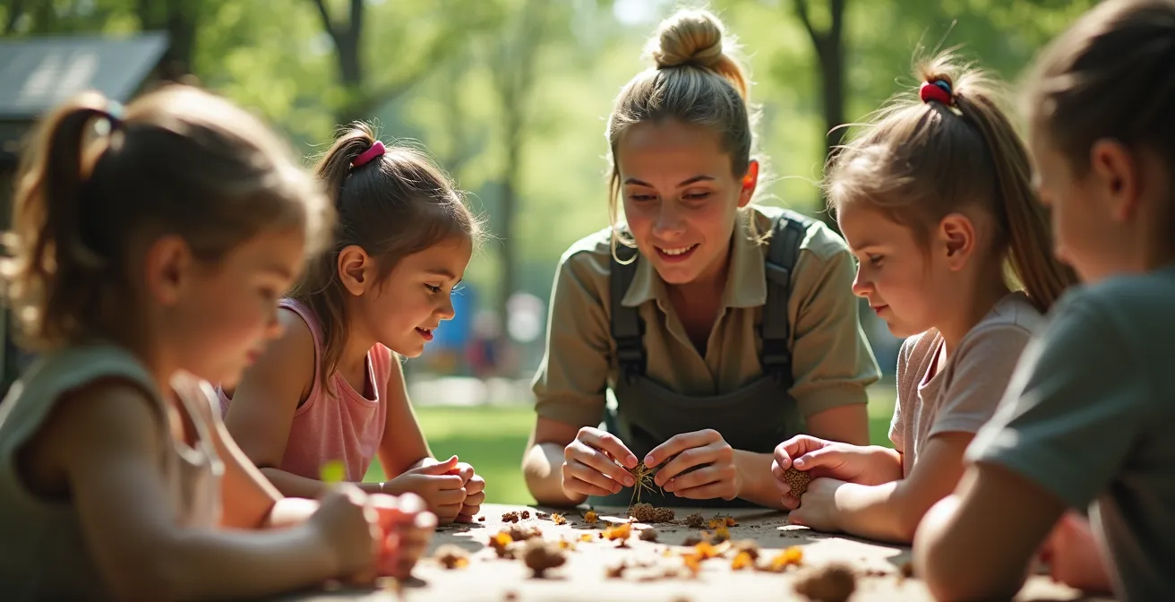 Animatori qualificati con bambini in attività educativa all'aperto nel miniclub