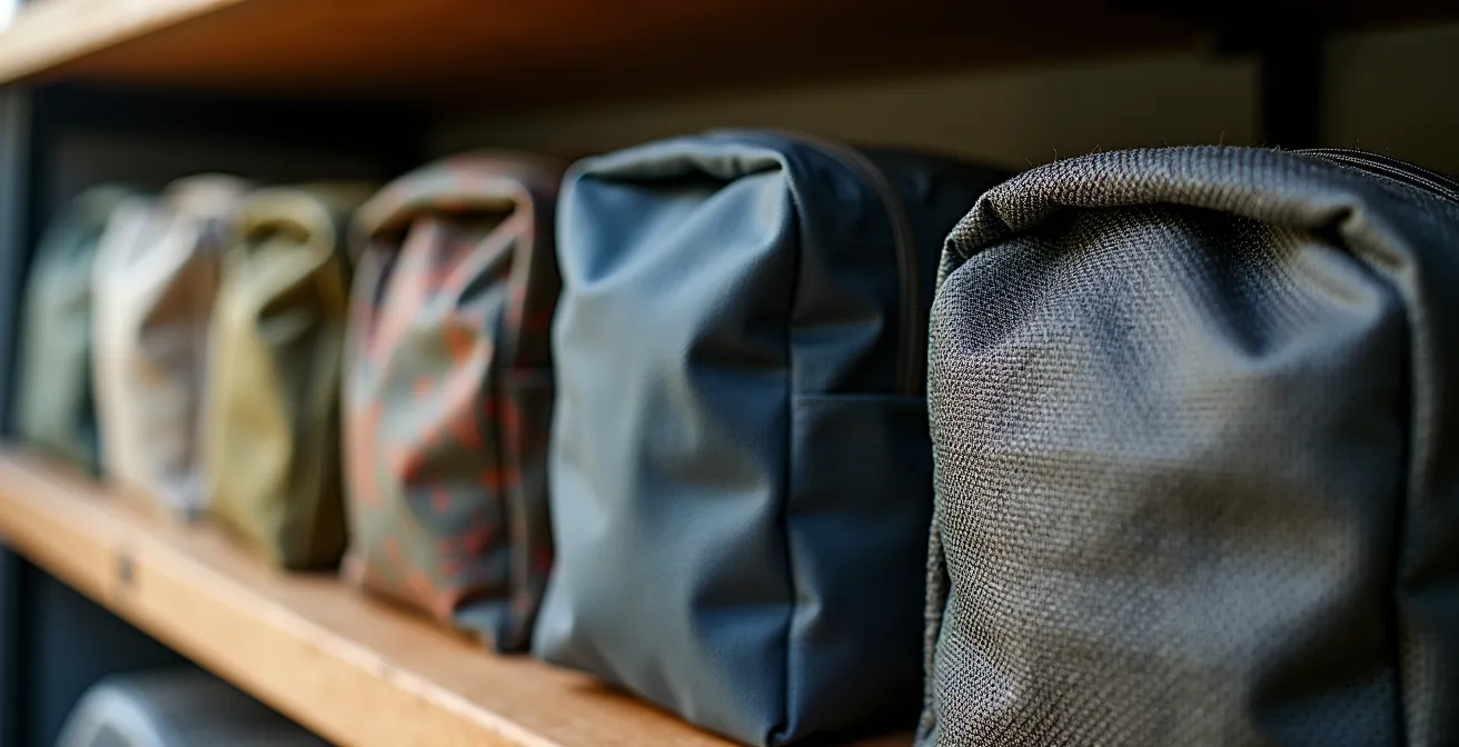 Interno di un camper con sacche organizzate e sistema di storage modulare