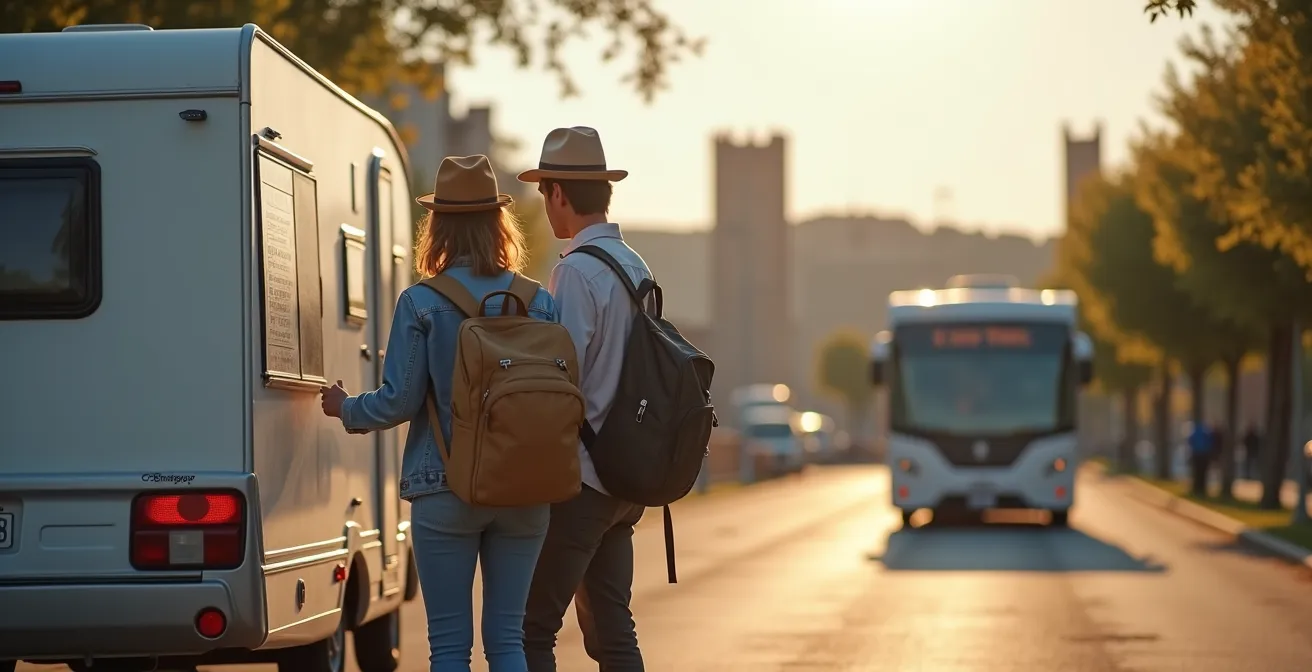 Area di sosta camper con navetta per il centro storico in primo piano