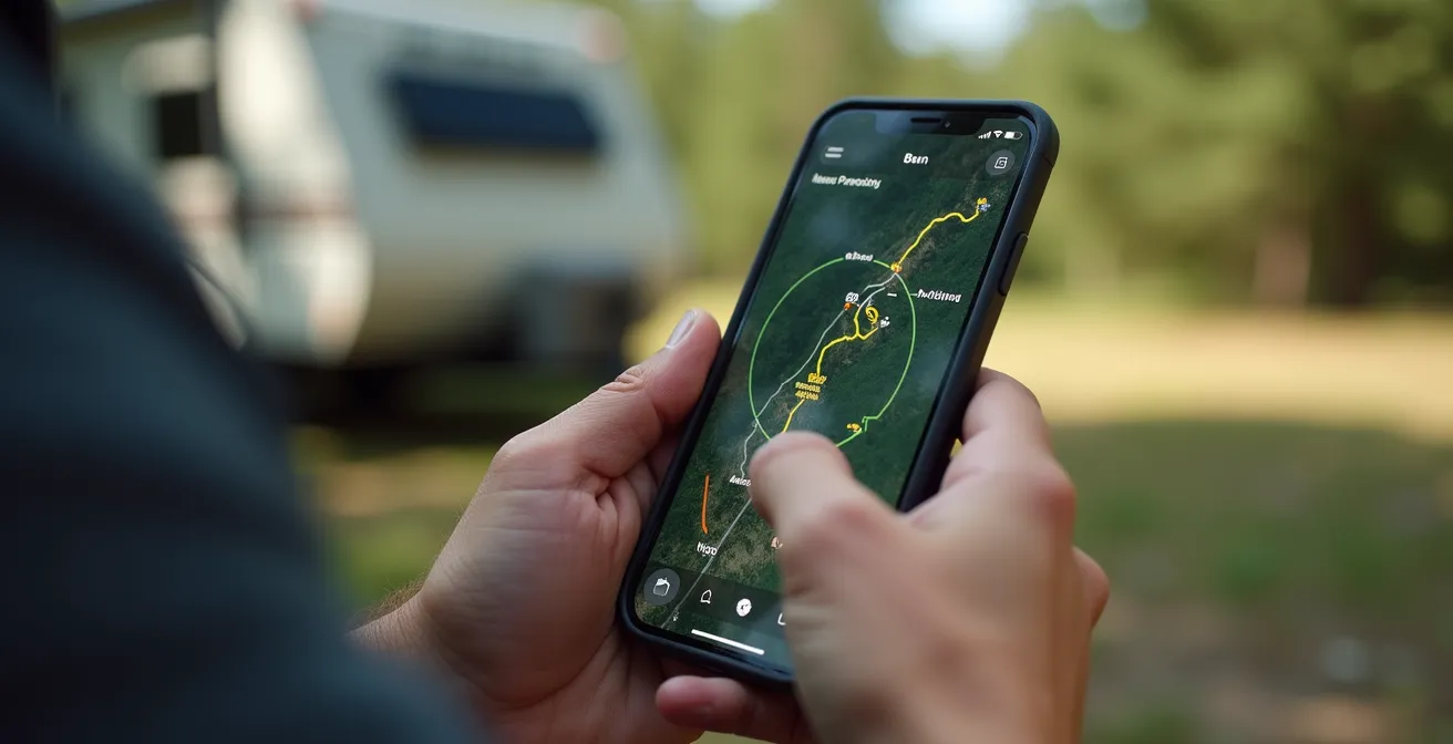 Mano che tiene smartphone con app di navigazione mostrando percorso circolare dal camper
