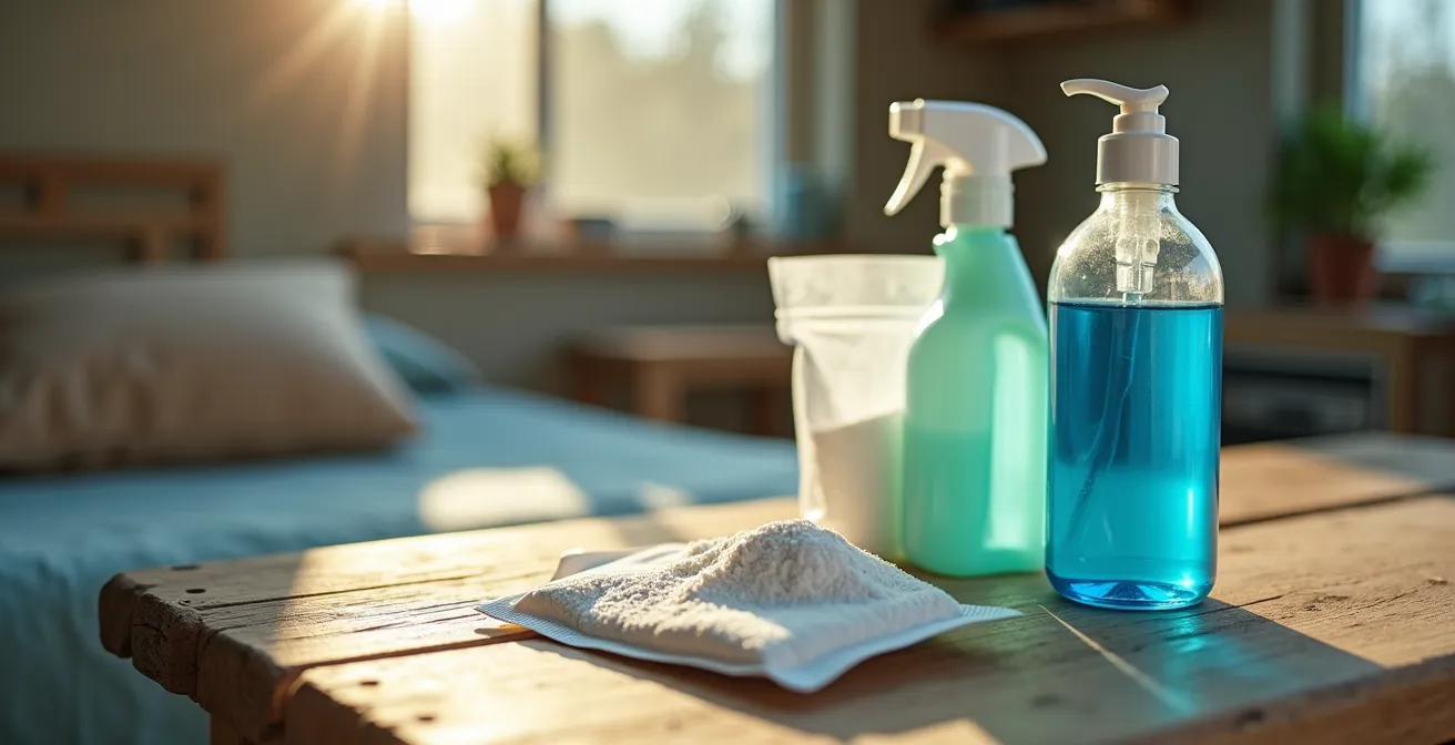 Dettaglio macro di tre diversi contenitori di prodotti per WC chimico su ripiano in legno