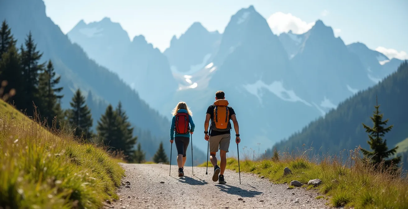 Escursionisti su sentiero facile delle Dolomiti con vista panoramica sulle cime