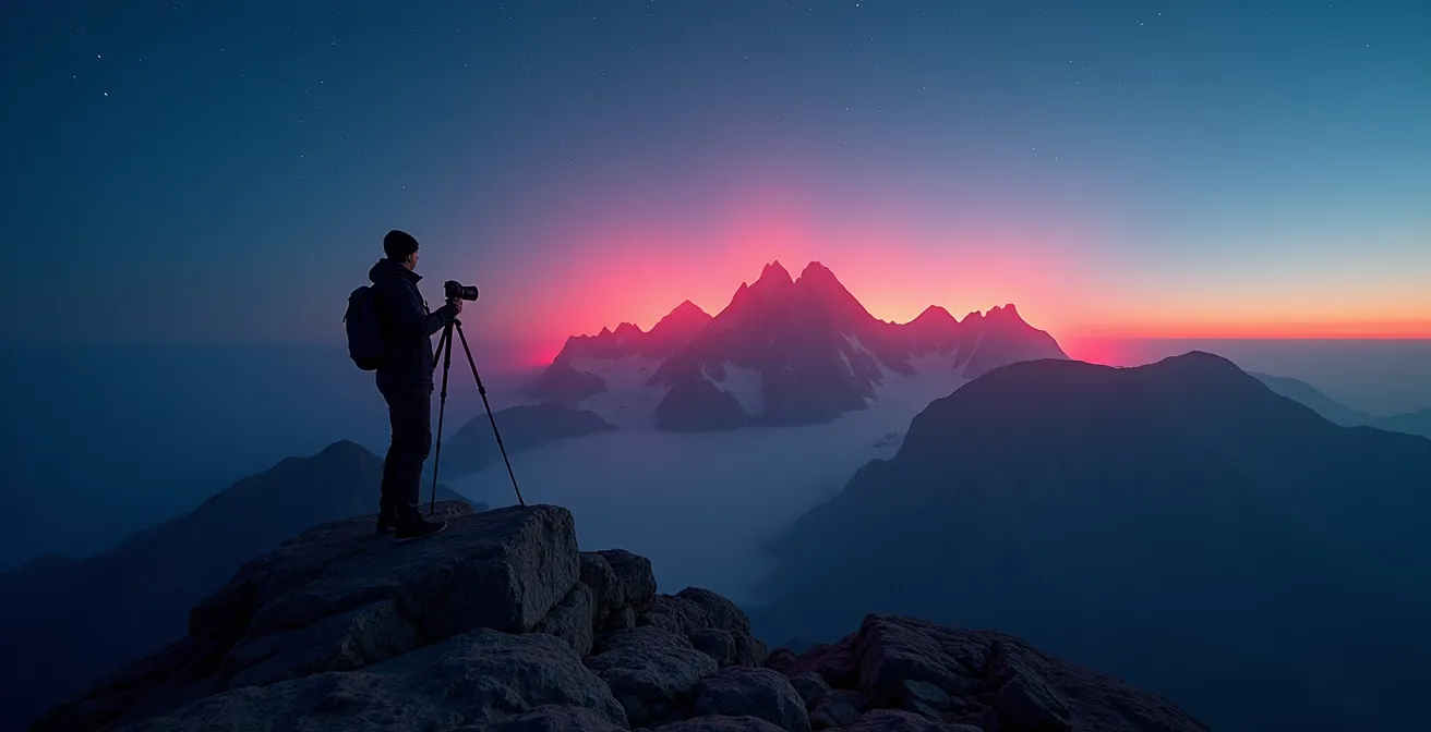 Le Odle illuminate dall'enrosadira all'alba con fotografo in silhouette