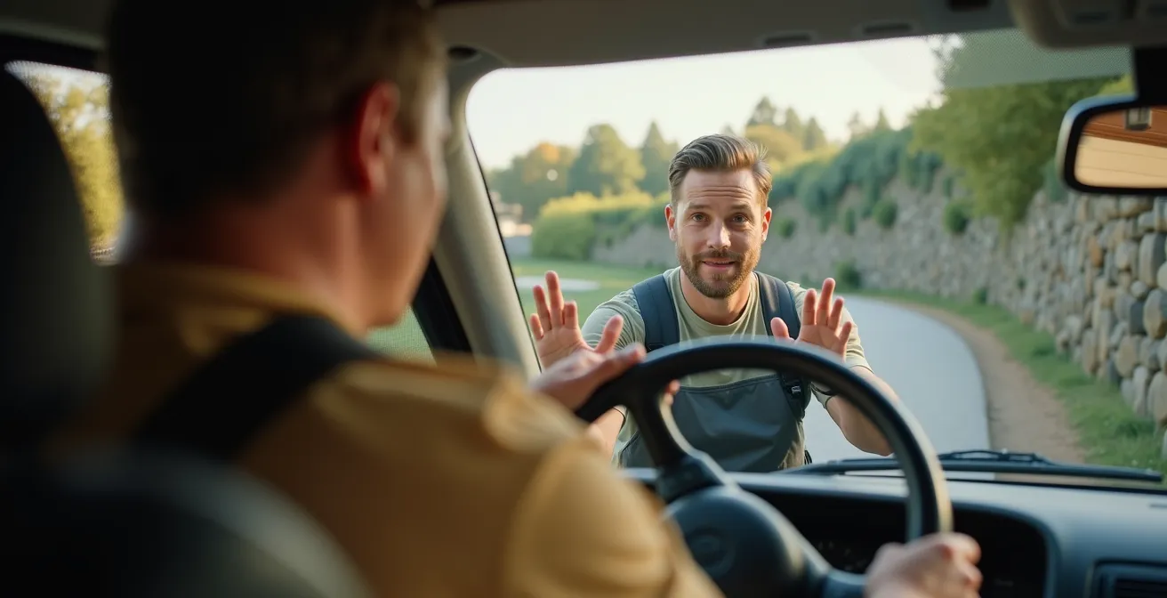 Staff del campeggio che guida un camperista su strada di accesso difficile