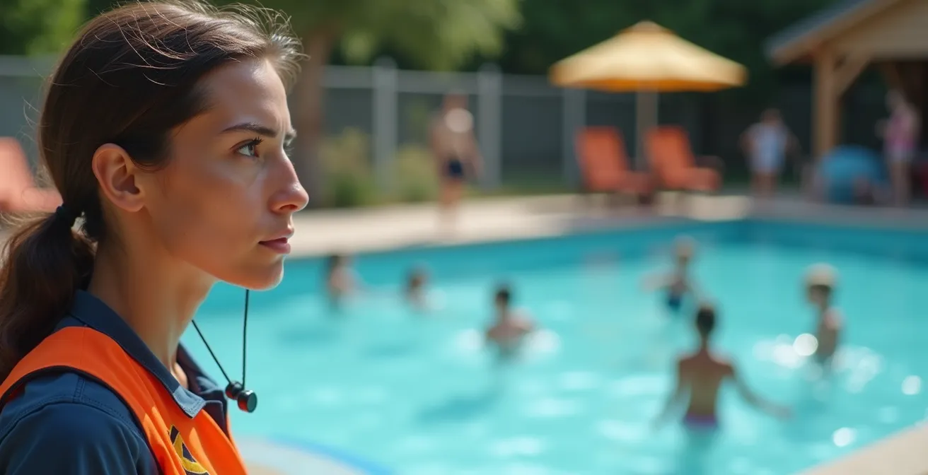 Animatore professionista in posizione di sorveglianza attiva a bordo piscina con bambini che giocano in sicurezza
