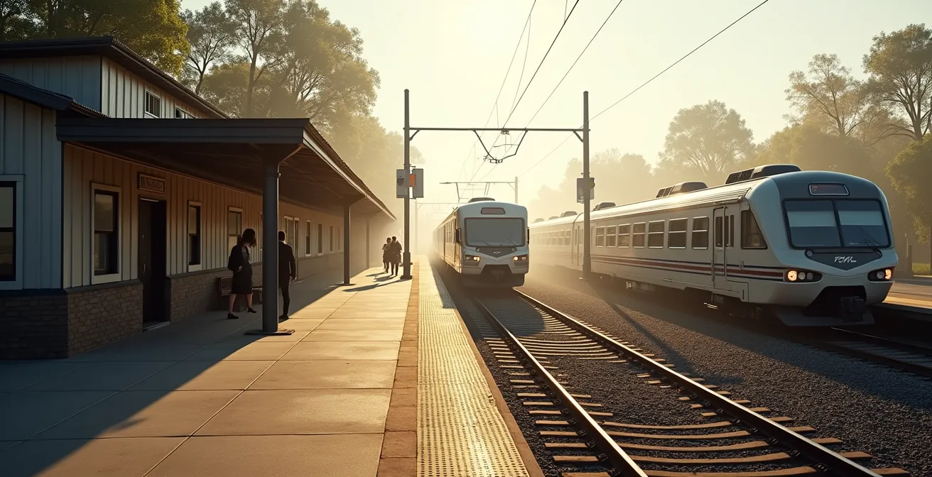 Vista panoramica di una stazione ferroviaria regionale con area sosta camper adiacente