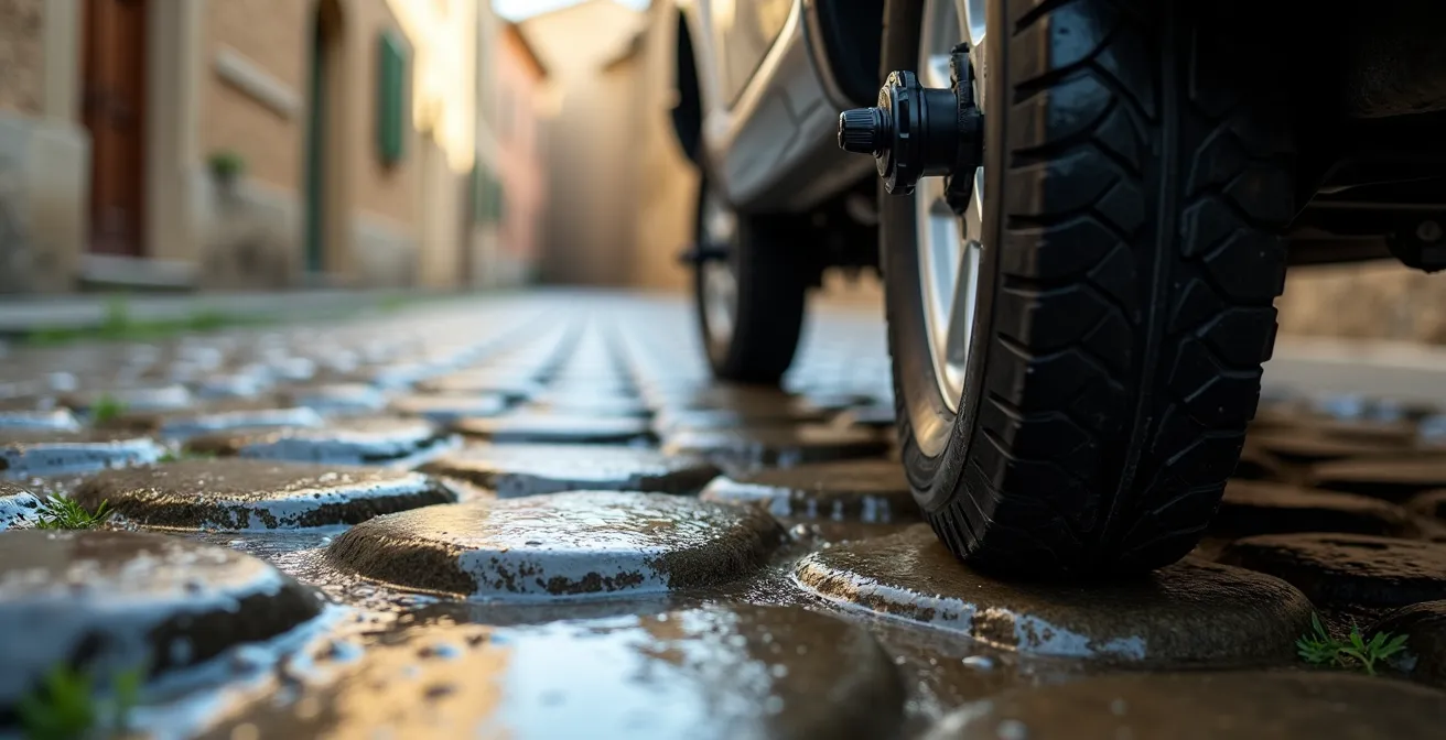 Dettaglio ravvicinato di una ruota di camper su ciottolato bagnato in salita