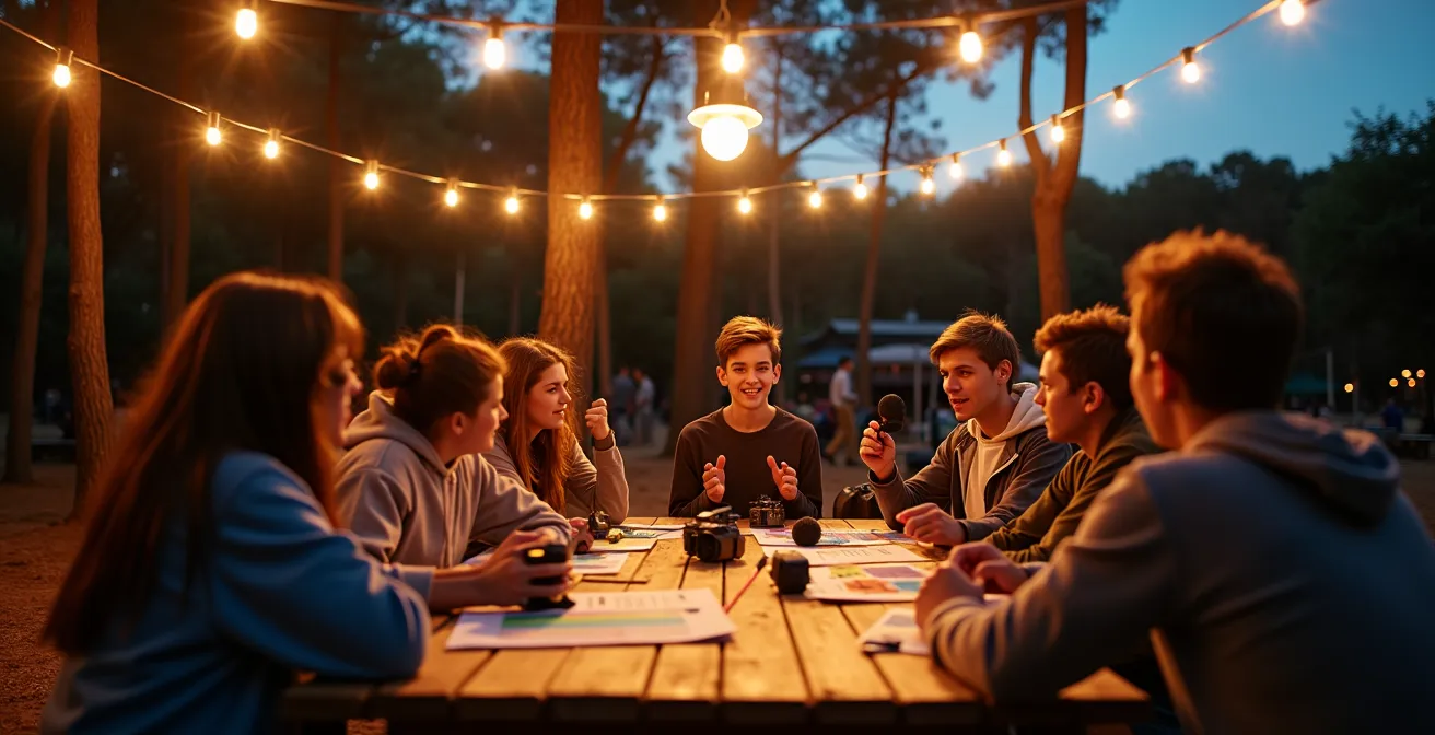 Adolescenti impegnati in workshop creativo di video-making nel teen club del campeggio