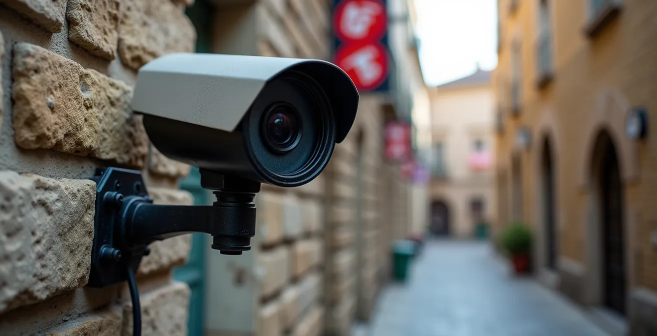 Dettaglio ravvicinato di telecamera ZTL e segnaletica stradale in centro storico