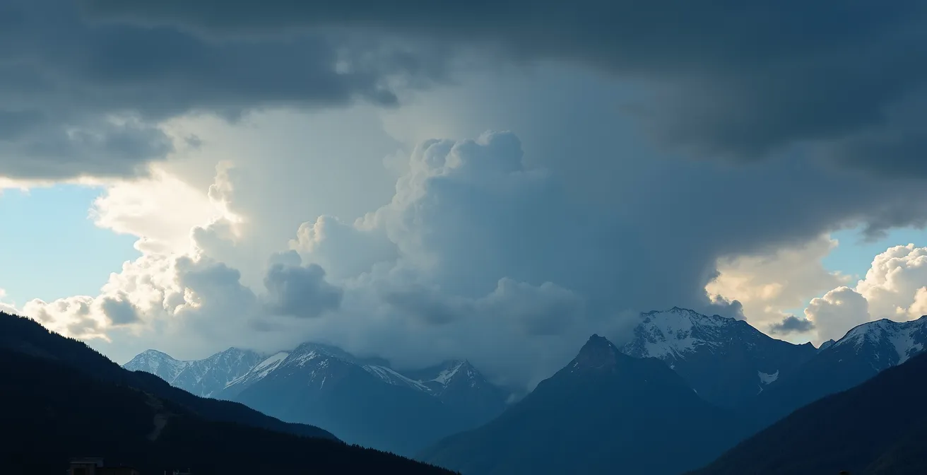 Formazione di cumulonembi a incudine sopra le montagne alpine che annunciano temporale imminente