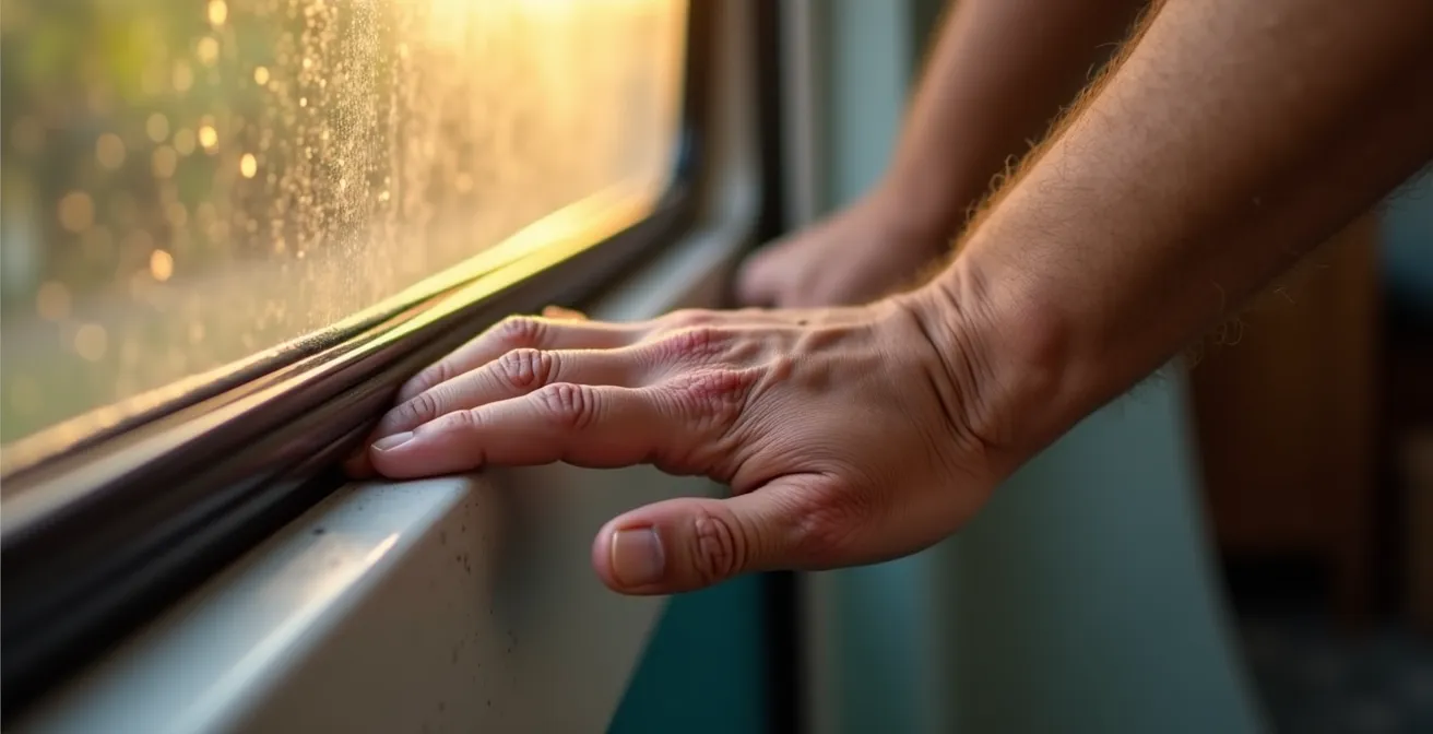 Mano che esegue il test di elasticità su guarnizione finestra camper