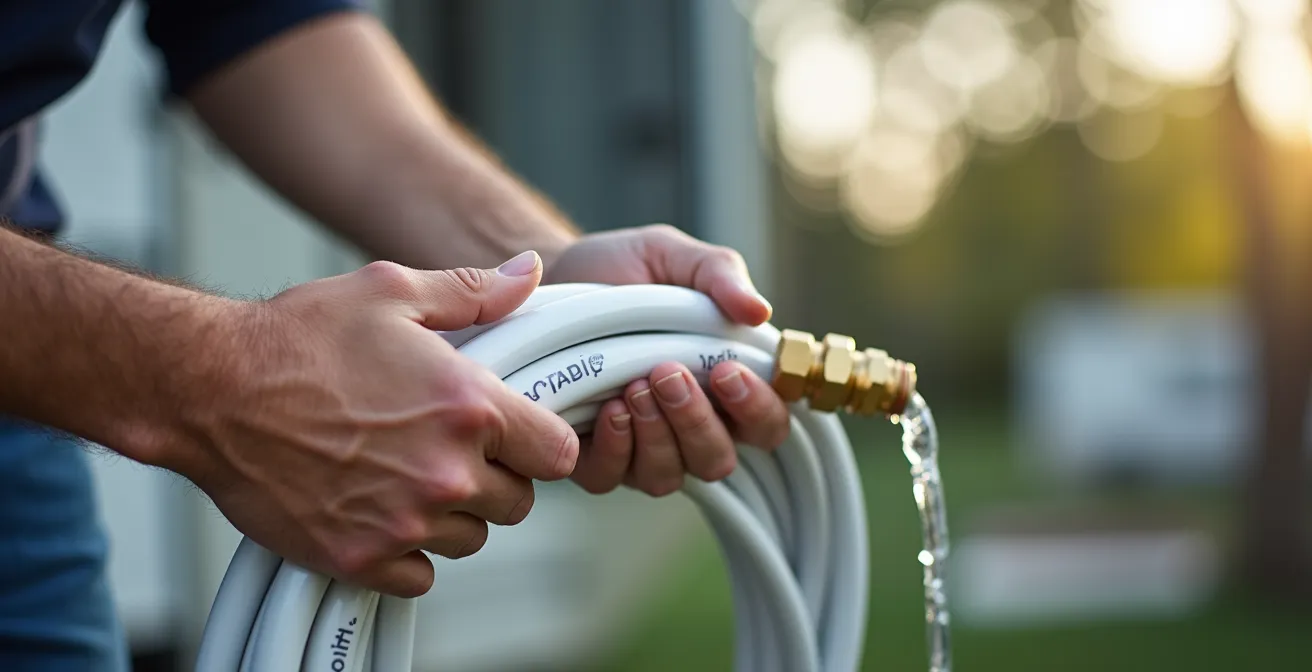 Primo piano di un tubo per acqua potabile arrotolato con raccordi puliti su sfondo sfocato