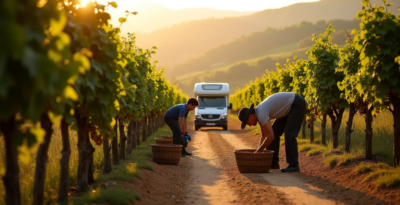 Vendemmia in corso nei vigneti toscani vista da distanza rispettosa con lavoratori all'opera