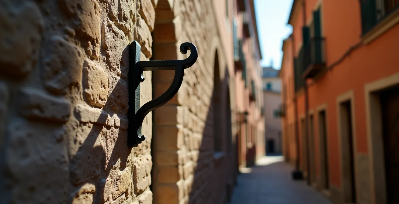 Vicolo medievale con balconi sporgenti e passaggio angusto