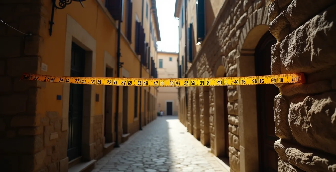 Vista simbolica di un vicolo medievale stretto con indicazioni di larghezza
