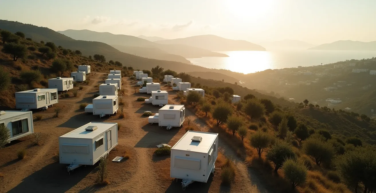Vista aerea di un campeggio nell'entroterra con vista panoramica sulla costa mediterranea