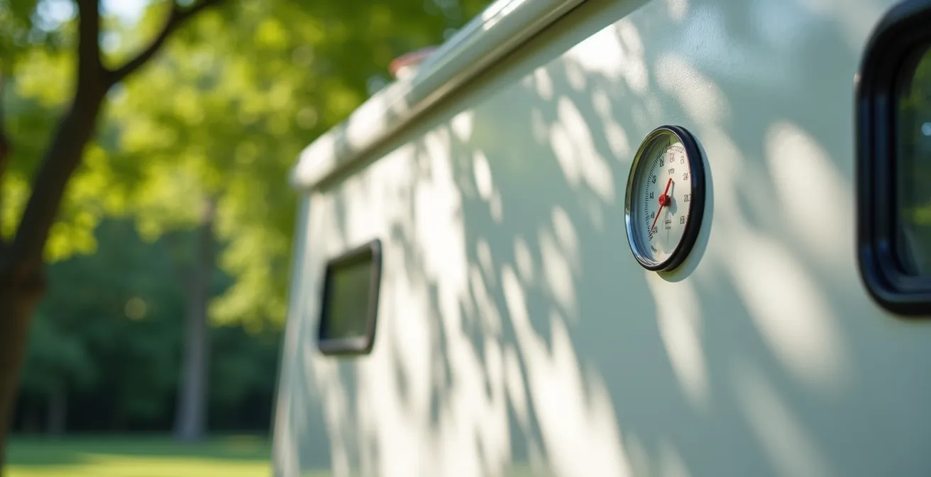 Camper posizionato strategicamente sotto alberi con ombra sul lato finestre