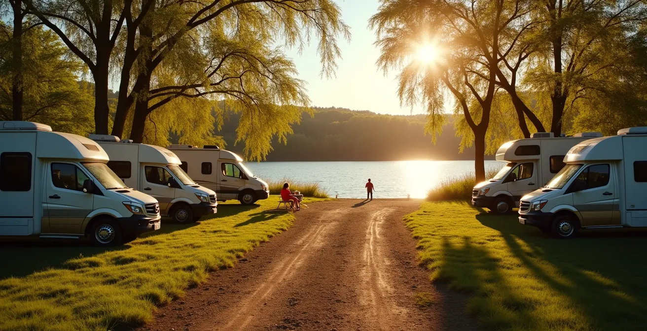 Area di sosta fluviale con camper parcheggiati e sentiero verso l'acqua tra la vegetazione