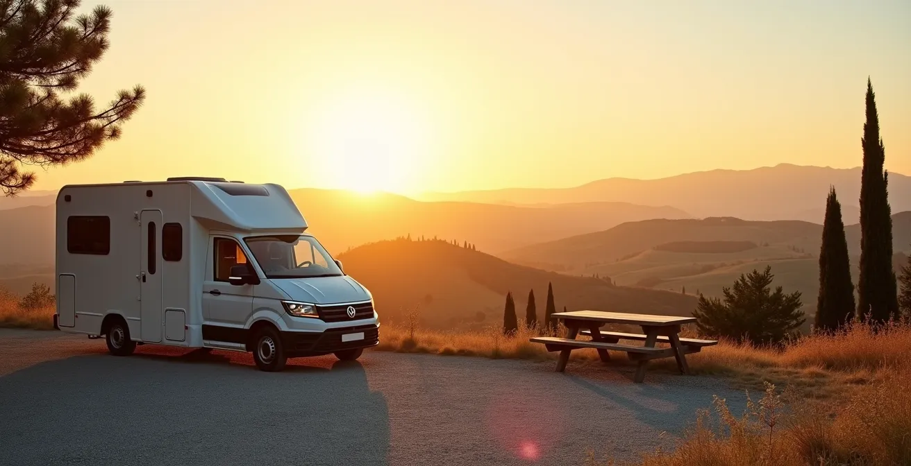 Camper parcheggiato in area panoramica isolata al tramonto con vista colline toscane