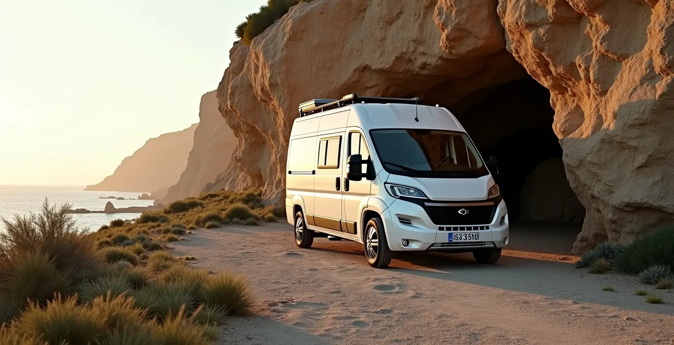 Camper posizionato strategicamente dietro una collina costiera sarda per ripararsi dal vento