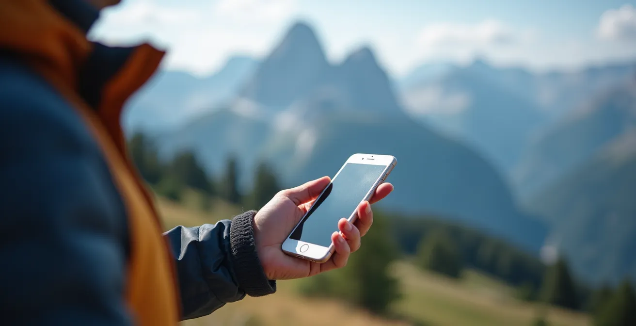 Mano che tiene uno smartphone mostrando dati meteo con montagne sfocate sullo sfondo