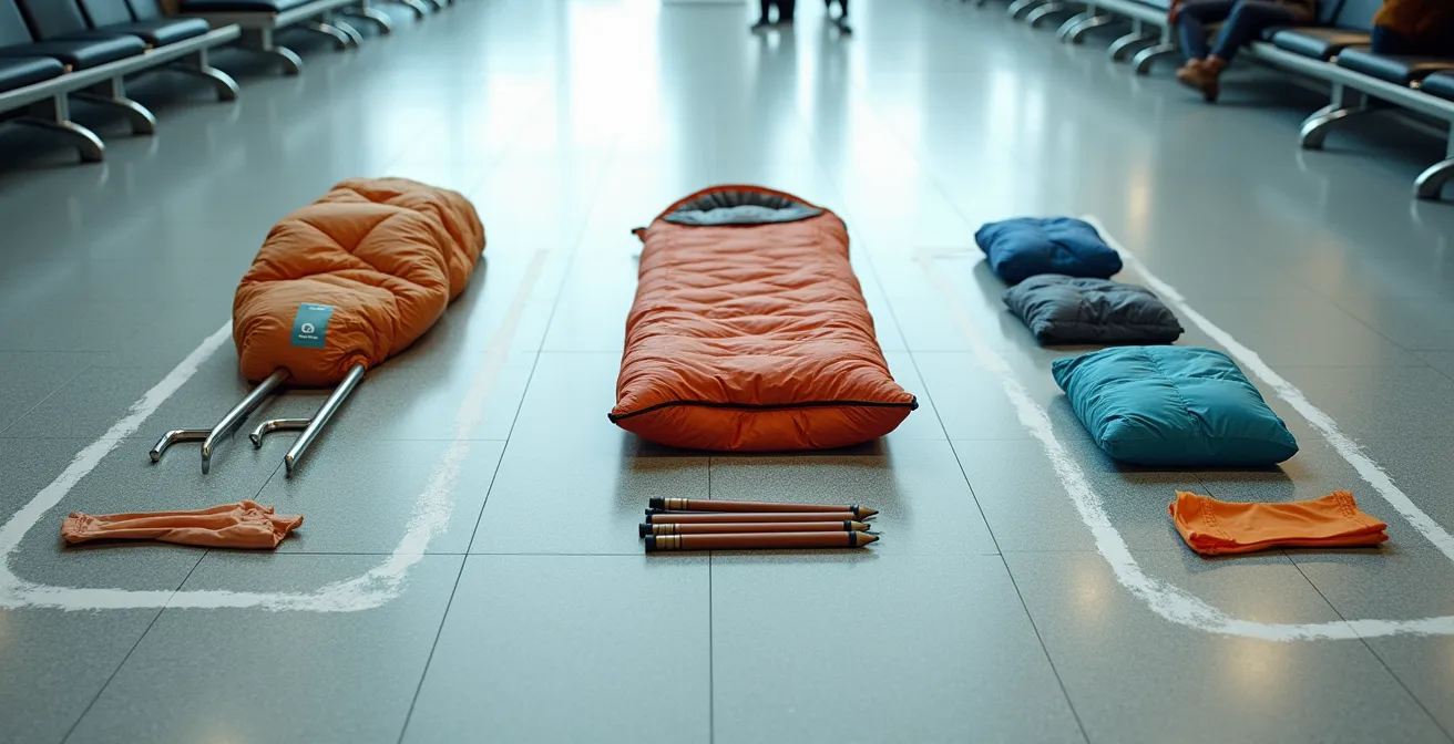 Organizzazione dell'attrezzatura da campeggio divisa per bagaglio aereo