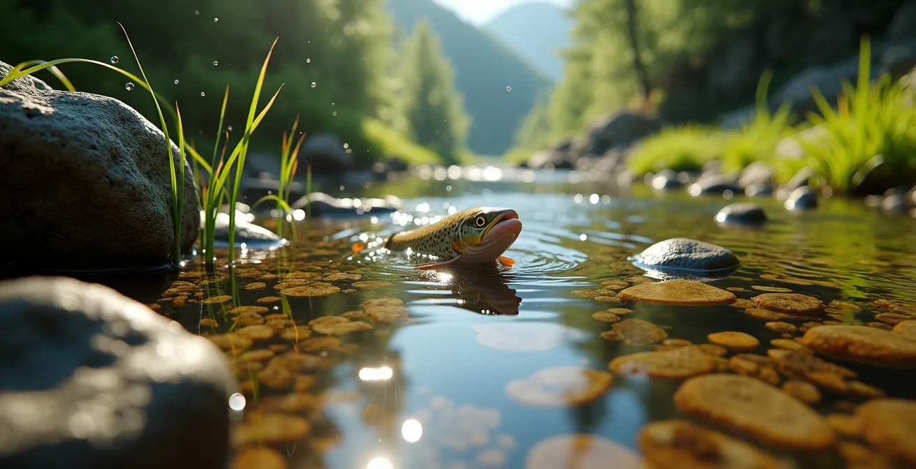 Vista macro subacquea di un ecosistema fluviale alpino con trota fario e vegetazione acquatica