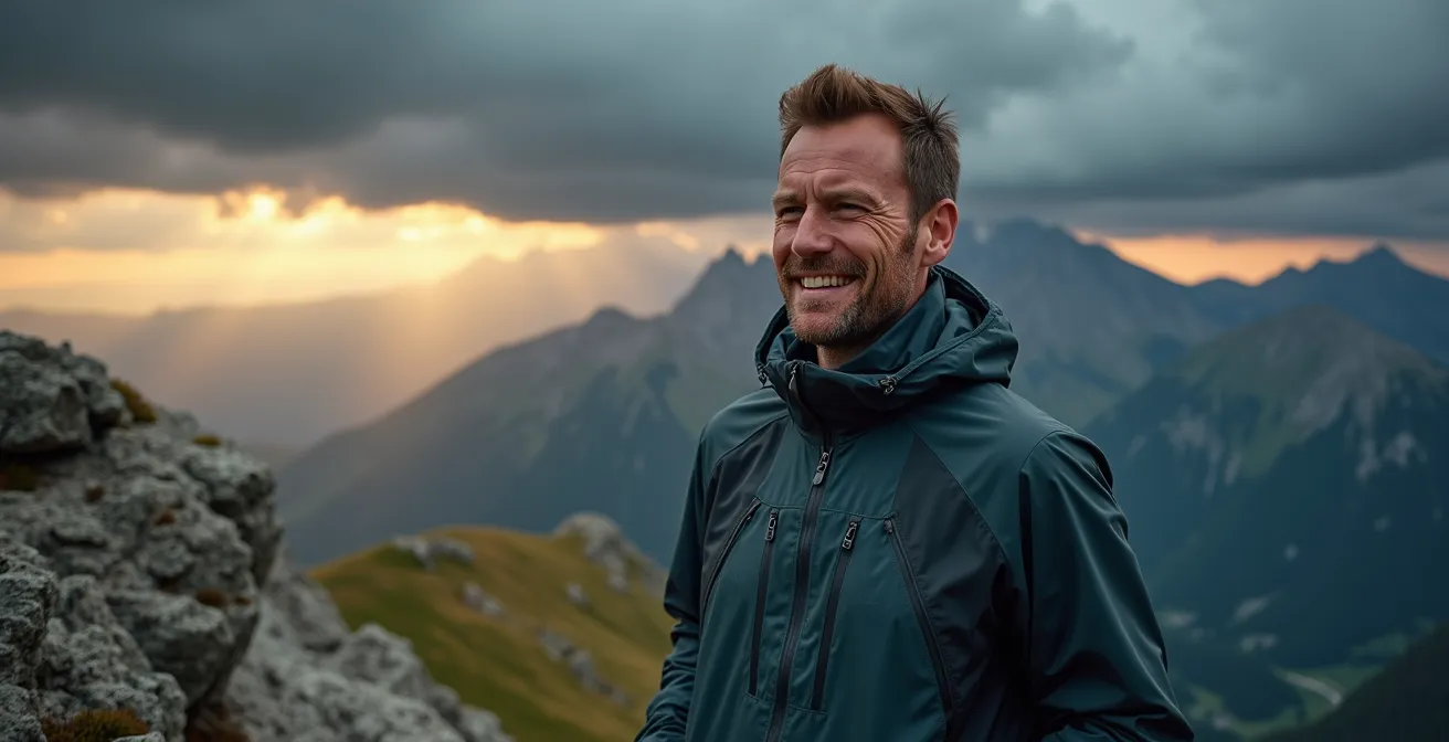 Escursionista con giacca antivento durante temporale improvviso sulle Dolomiti